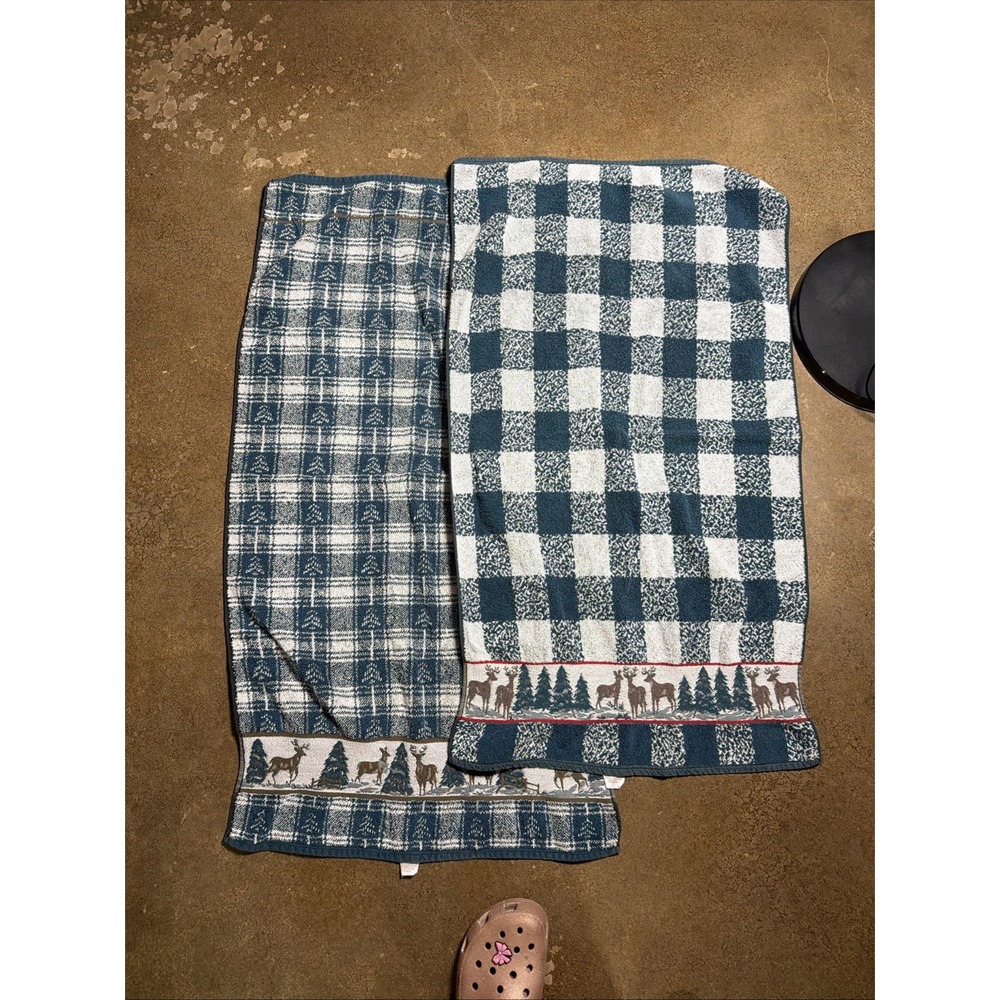 Vintage Christmas Green Plaid Deer Towels - Picture 7 of 10